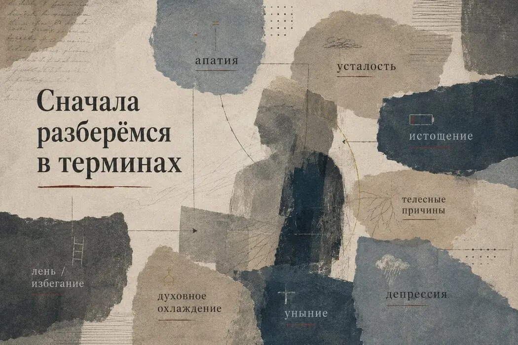 Коллаж с человеком и словами «апатия», «усталость», «истощение», «депрессия» и «уныние»