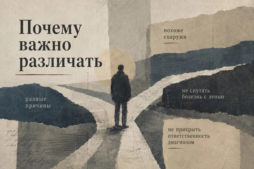 Человек стоит на развилке среди разных причин тяжёлого состояния