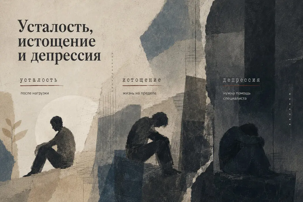 Три фигуры иллюстрируют усталость, истощение и депрессию