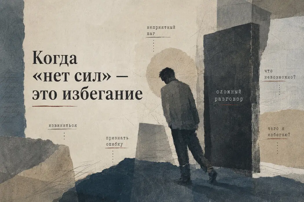 Человек стоит у преграды рядом с надписью о «нет сил» и избегании
