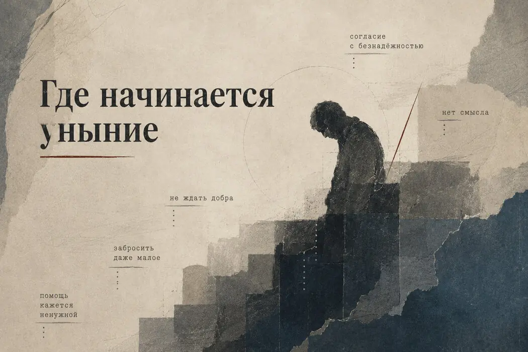 Силуэт человека на ступенях рядом с надписью «Где начинается уныние»