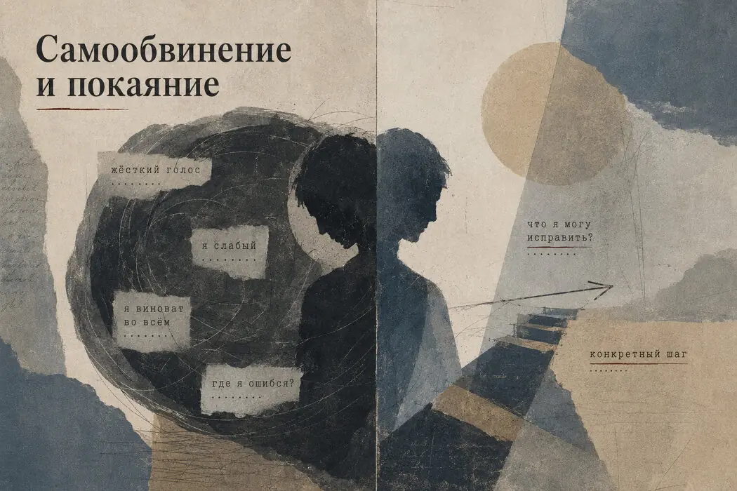 Коллаж о самообвинении и покаянии с двумя состояниями человека
