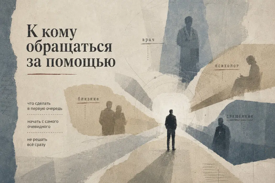 Человек на развилке между врачом, психологом, священником и близкими