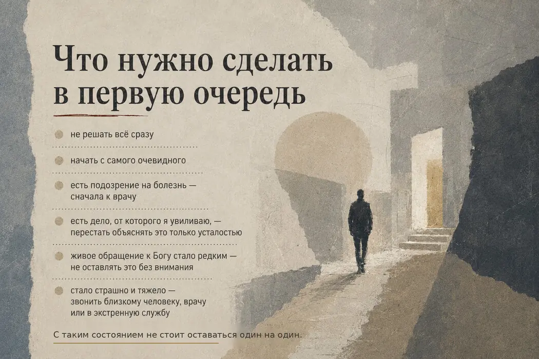 Силуэт человека у светлого выхода и список первых действий