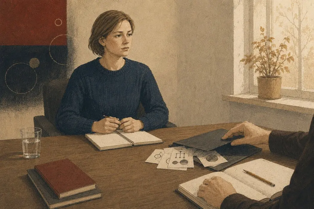 Женщина сидит на консультации, на столе лежат книги и карточки с символами