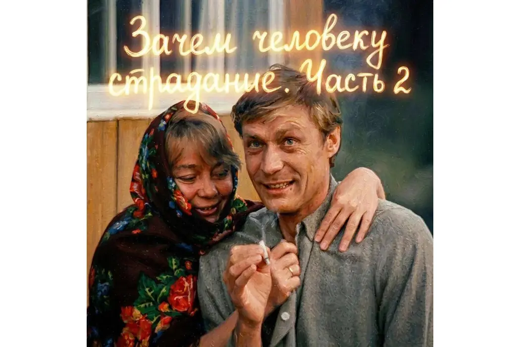 Плачущая женщина в платке обнимает мужчину; надпись «Зачем человеку страдание. Часть 2»